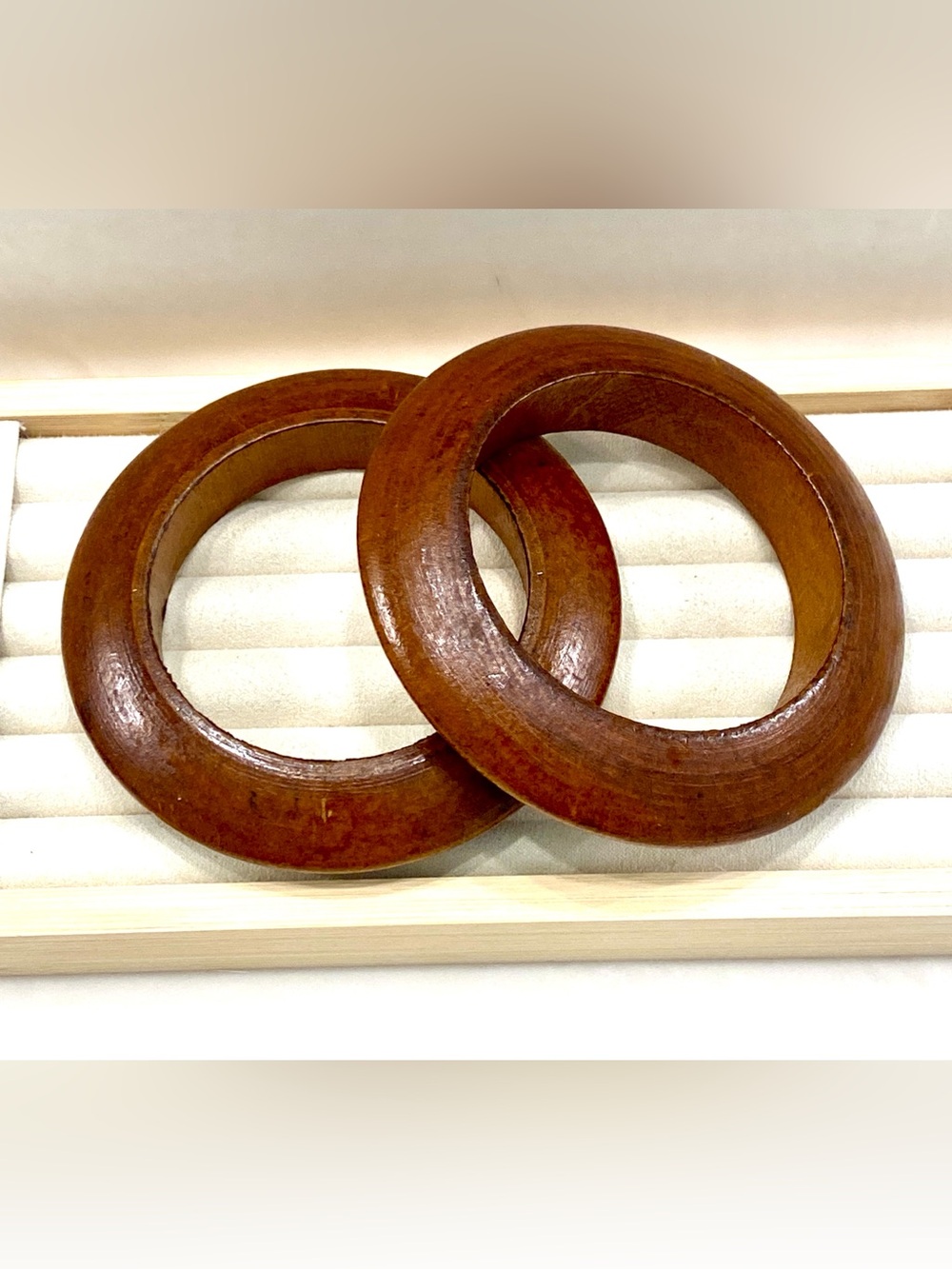Vintage Chunky Wood Bangle Bracelet Set | 2pc Warm Chestnut Brown Tapered Stack